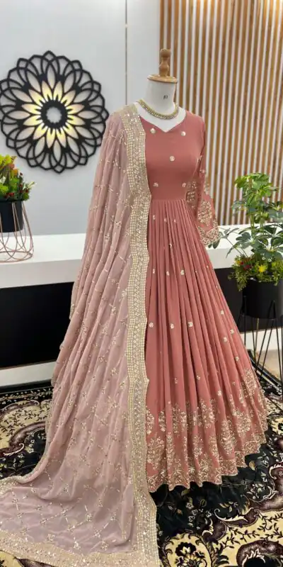 ZF 359 Peach Color Georgette Embroidery Sequence Work Gown Casual, Wedding, Party, Festive, Events Etc. Expected Delivery 4-6 Working Days @1999/- | Gowns, Bollywood Gowns, Creative Gowns, Designer Gowns, Embroidered Gowns, Party Wear Gowns
