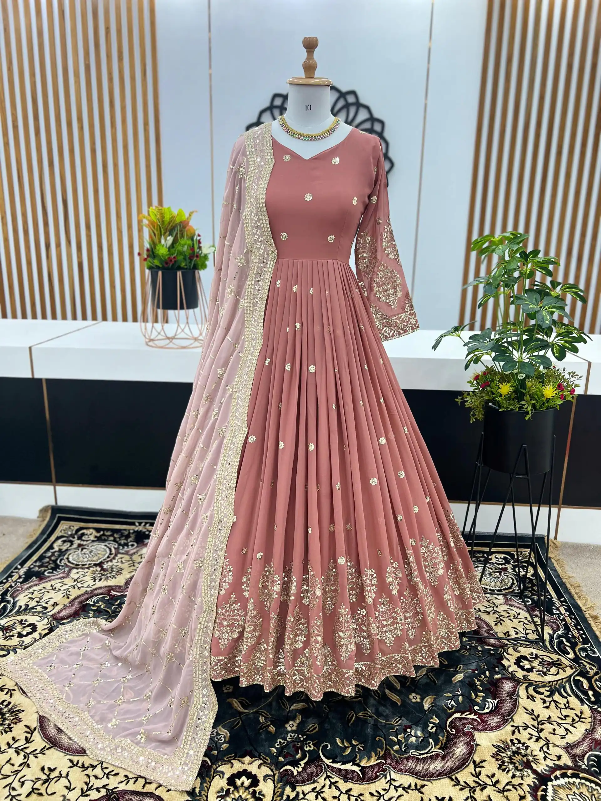 ZF 359 Peach Color Georgette Embroidery Sequence Work Gown Casual, Wedding, Party, Festive, Events Etc. Expected Delivery 4-6 Working Days @1999/- | Gowns, Bollywood Gowns, Creative Gowns, Designer Gowns, Embroidered Gowns, Party Wear Gowns