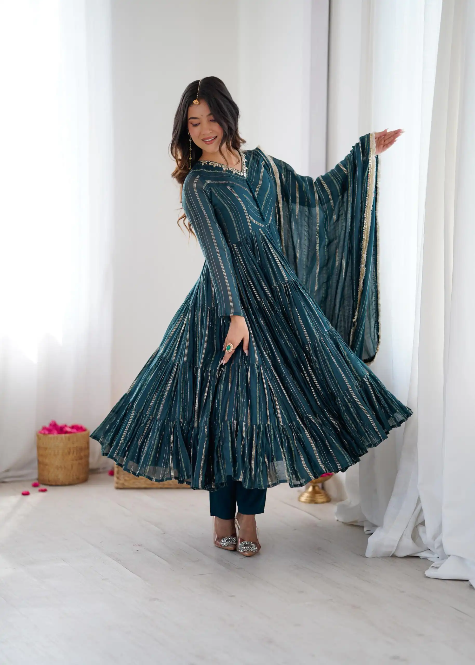 SRK 5305 Peacock Blue Color Mal Chanderi Gown with Mirror Work & Lace Work. Grab it for ₹2399. Delivery 4-6 Working Days. Shop now. | Gowns, Bollywood Gowns, Creative Gowns, Designer Gowns, Embroidered Gowns, Party Wear Gowns