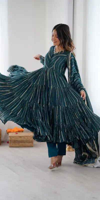 SRK 5305 Peacock Blue Color Mal Chanderi Gown with Mirror Work & Lace Work. Grab it for ₹2399. Delivery 4-6 Working Days. Shop now. | Gowns, Bollywood Gowns, Creative Gowns, Designer Gowns, Embroidered Gowns, Party Wear Gowns