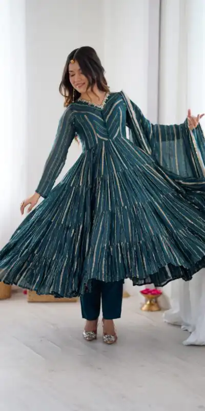 SRK 5305 Peacock Blue Color Mal Chanderi Gown with Mirror Work & Lace Work. Grab it for ₹2399. Delivery 4-6 Working Days. Shop now. | Gowns, Bollywood Gowns, Creative Gowns, Designer Gowns, Embroidered Gowns, Party Wear Gowns