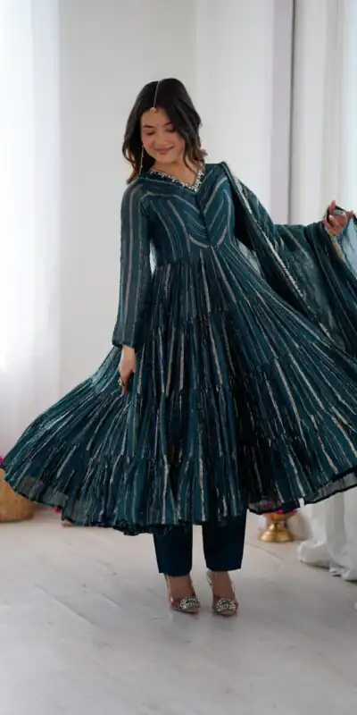 SRK 5305 Peacock Blue Color Mal Chanderi Gown with Mirror Work & Lace Work. Grab it for ₹2399. Delivery 4-6 Working Days. Shop now. | Gowns, Bollywood Gowns, Creative Gowns, Designer Gowns, Embroidered Gowns, Party Wear Gowns