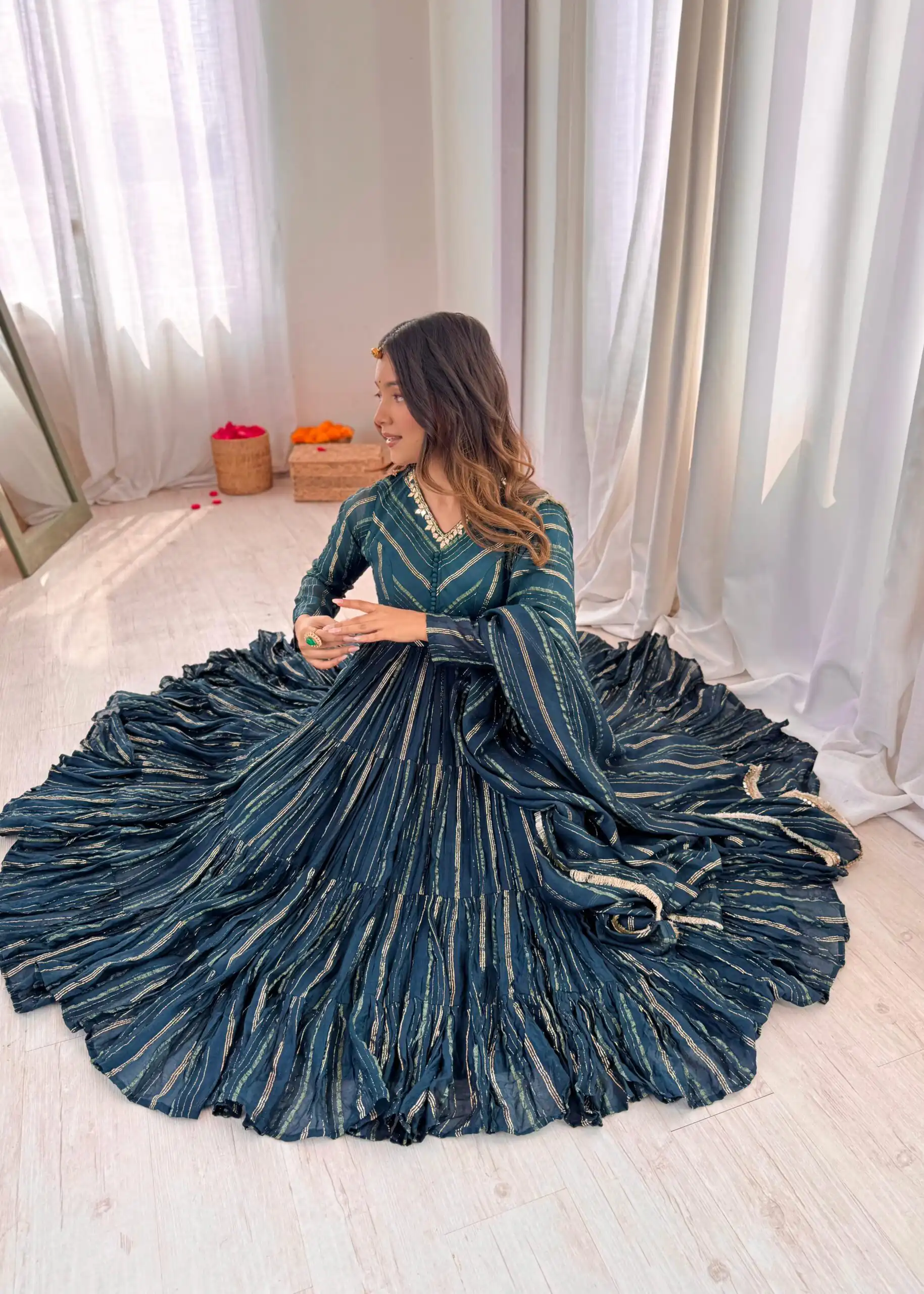 SRK 5305 Peacock Blue Color Mal Chanderi Gown with Mirror Work & Lace Work. Grab it for ₹2399. Delivery 4-6 Working Days. Shop now. | Gowns, Bollywood Gowns, Creative Gowns, Designer Gowns, Embroidered Gowns, Party Wear Gowns