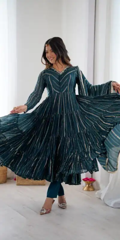 SRK 5305 Peacock Blue Color Mal Chanderi Gown with Mirror Work & Lace Work. Grab it for ₹2399. Delivery 4-6 Working Days. Shop now. | Gowns, Bollywood Gowns, Creative Gowns, Designer Gowns, Embroidered Gowns, Party Wear Gowns