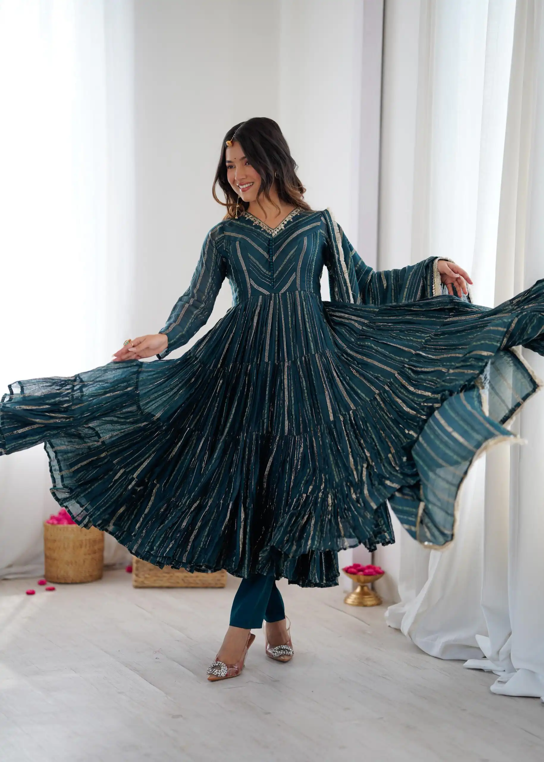 SRK 5305 Peacock Blue Color Mal Chanderi Gown with Mirror Work & Lace Work. Grab it for ₹2399. Delivery 4-6 Working Days. Shop now. | Gowns, Bollywood Gowns, Creative Gowns, Designer Gowns, Embroidered Gowns, Party Wear Gowns