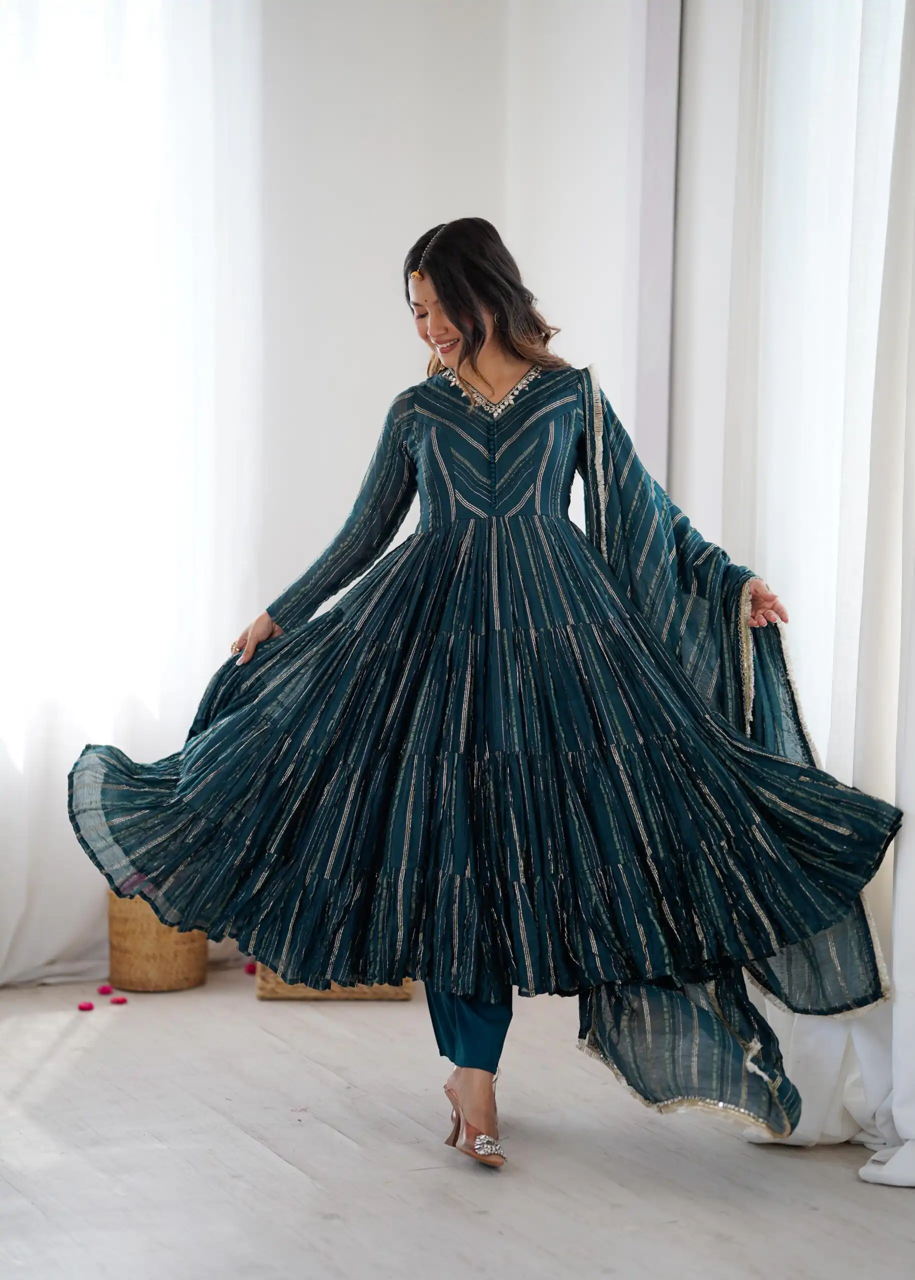 SRK 5305 Peacock Blue Color Mal Chanderi Gown with Mirror Work & Lace Work. Grab it for ₹2399. Delivery 4-6 Working Days. Shop now. | Gowns, Bollywood Gowns, Creative Gowns, Designer Gowns, Embroidered Gowns, Party Wear Gowns