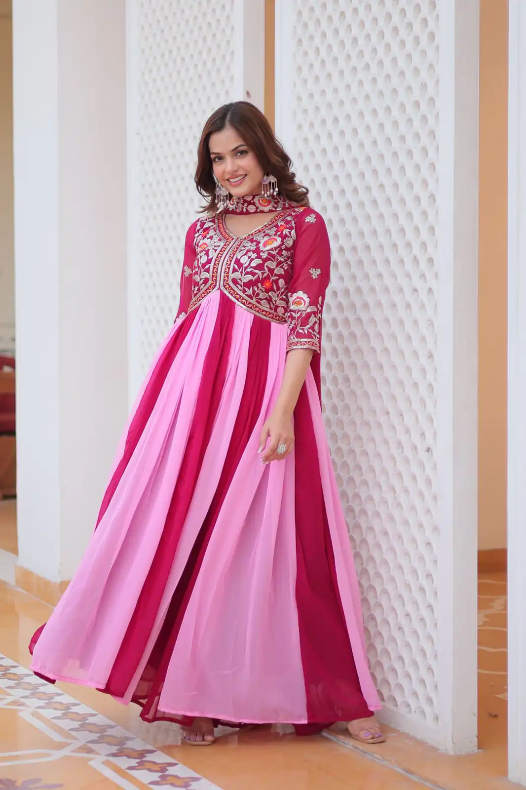 Ram 079 Pink Fox Georgette Gown Perfect for Wedding, Party, Eid, Temple Visit, Pongal – . Best Price ₹2049. Delivery 4-6 Working Days. Shop now. | Gowns, Bollywood Gowns, Creative Gowns, Designer Gowns, Embroidered Gowns, Party Wear Gowns