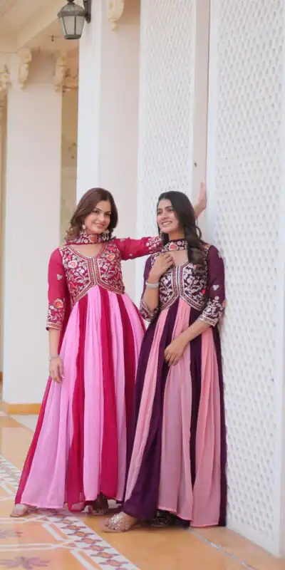 Ram 079 Pink Fox Georgette Gown Perfect for Wedding, Party, Eid, Temple Visit, Pongal – . Best Price ₹2049. Delivery 4-6 Working Days. Shop now. | Gowns, Bollywood Gowns, Creative Gowns, Designer Gowns, Embroidered Gowns, Party Wear Gowns