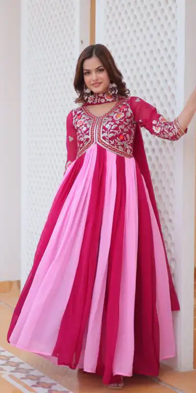 Ram 079 Pink Fox Georgette Gown Perfect for Wedding, Party, Eid, Temple Visit, Pongal – . Best Price ₹2049. Delivery 4-6 Working Days. Shop now. | Gowns, Bollywood Gowns, Creative Gowns, Designer Gowns, Embroidered Gowns, Party Wear Gowns