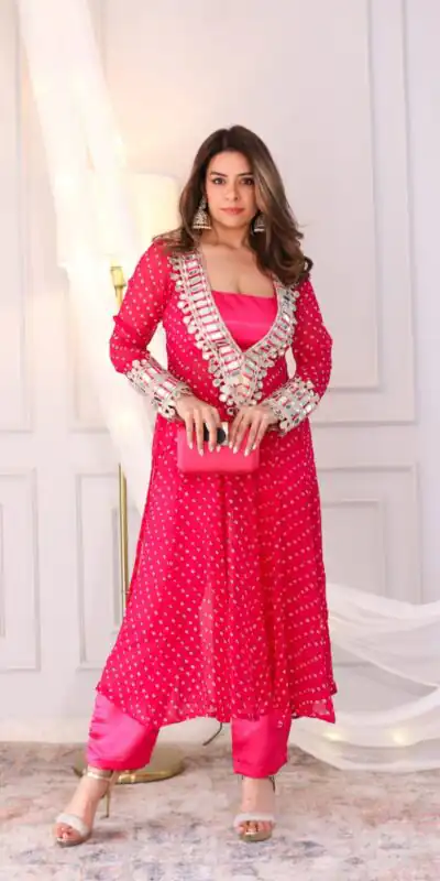 ST 1104 Pink Georgette Kurti with Embroidery Work & Mirror Work. Available at ₹1649 only. Delivery 4-6 Working Days. Shop now. | Kurti, Bollywood Kurti, Creative Kurtis, Designer Kurti, Party Wear Kurti, Selfie Kurti