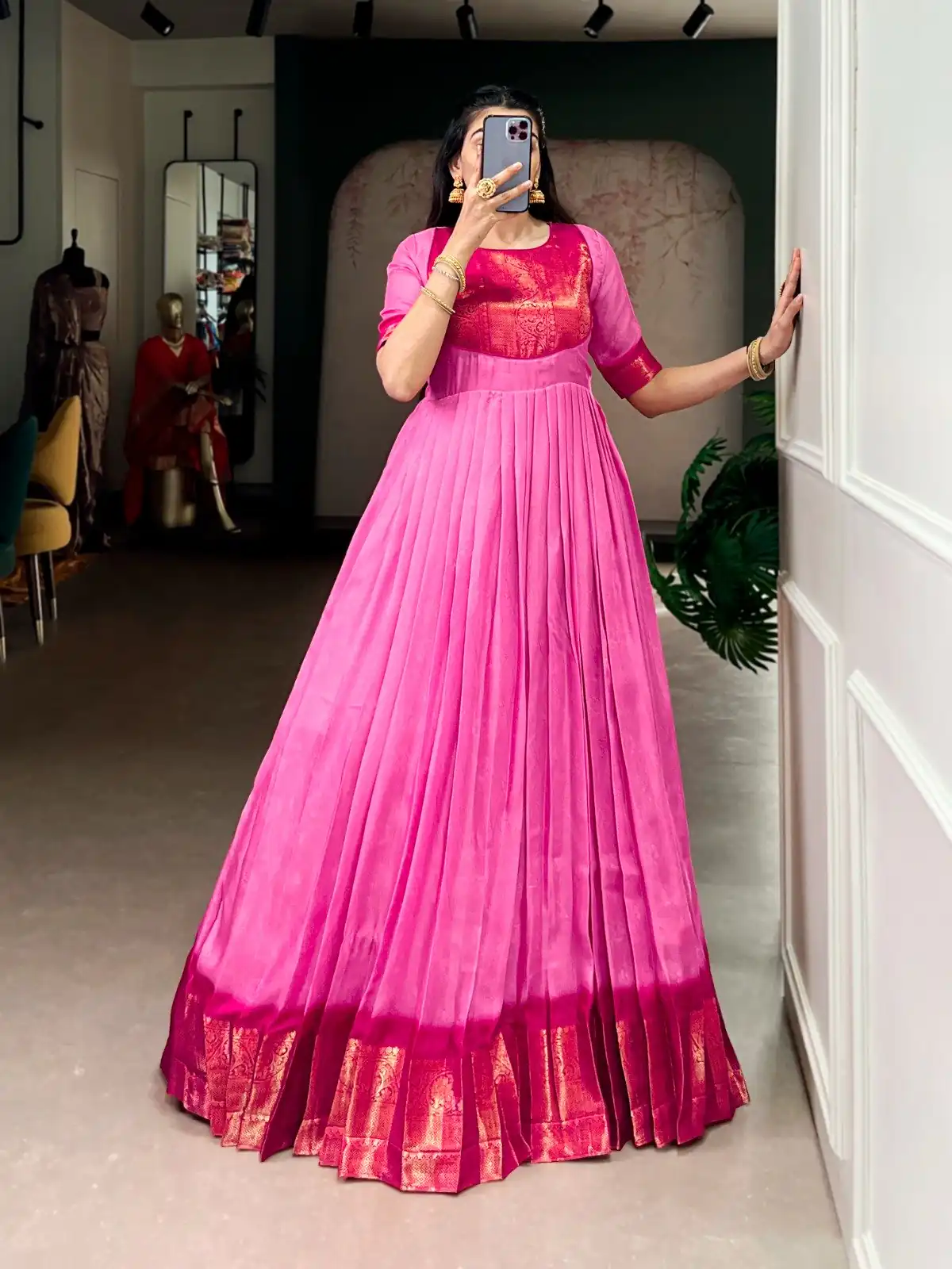 YNF 5012 Pink Mass Mello Gown with Zari Work. Available at ₹1799 only. Wedding, Party, Festive, Events Delivery 4-6 Working Days. Shop now. | Gowns, Bollywood Gowns, Creative Gowns, Designer Gowns, Embroidered Gowns, Party Wear Gowns