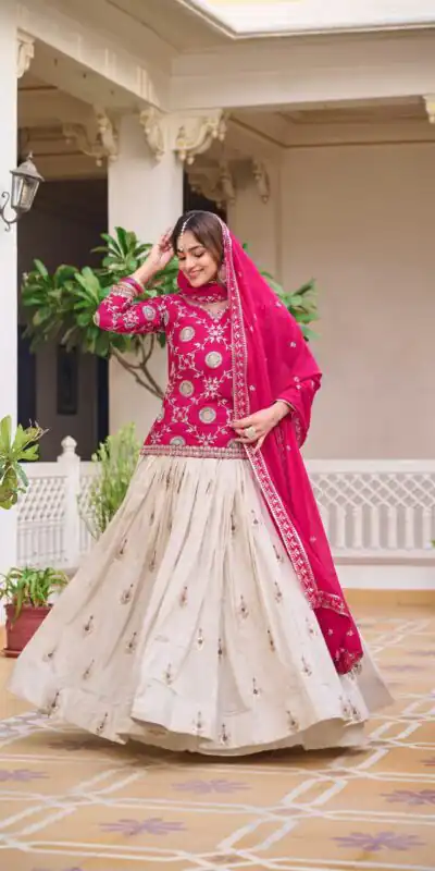 Ram 101 Pink Pure Chinon Lehenga Choli Perfect for Wedding, Party, Makar Sankranti, Reception, Sangeet β . Exclusive Offer βΉ2649. Delivery 4-6 Working | Lehenga, Bollywood Lehenga, Creative Lehenga, Designer Lehenga, Embroidered Lehenga, Party Wear Lehenga