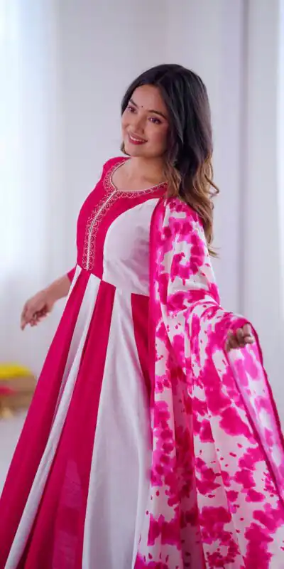 ZF 5014 Pink Roman Silk Gown with Embroidery Work & Digital Print . Exclusive Offer ₹2149. Delivery 4-6 Working Days. Shop now. | Gowns, Bollywood Gowns, Creative Gowns, Designer Gowns, Embroidered Gowns, Party Wear Gowns