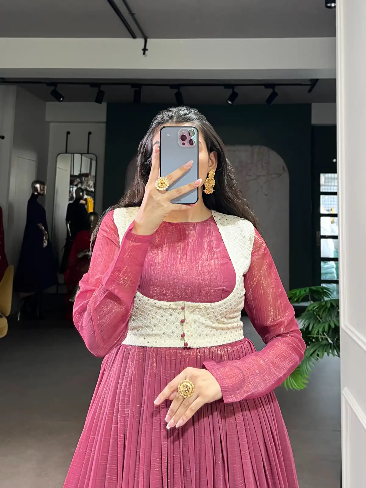 Pink Silver Glossy Sequins Embroidery Work Gown - Image 5