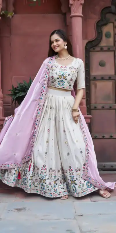 Pink Tissue Silk Thread Embroidery Work Lehenga Choli