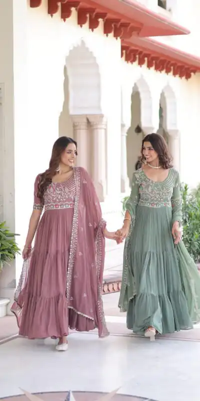 KA 1213 Pista Faux Blooming Gown with Embroidery Work & Sequins Work. Best Price ₹2449. Delivery 4-6 Working Days. Shop now. | Gowns, Bollywood Gowns, Creative Gowns, Designer Gowns, Embroidered Gowns, Party Wear Gowns