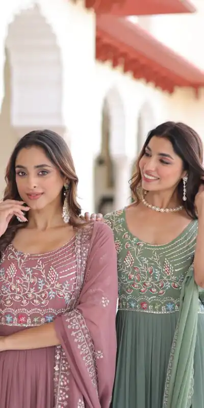 KA 1213 Pista Faux Blooming Gown with Embroidery Work & Sequins Work. Best Price ₹2449. Delivery 4-6 Working Days. Shop now. | Gowns, Bollywood Gowns, Creative Gowns, Designer Gowns, Embroidered Gowns, Party Wear Gowns