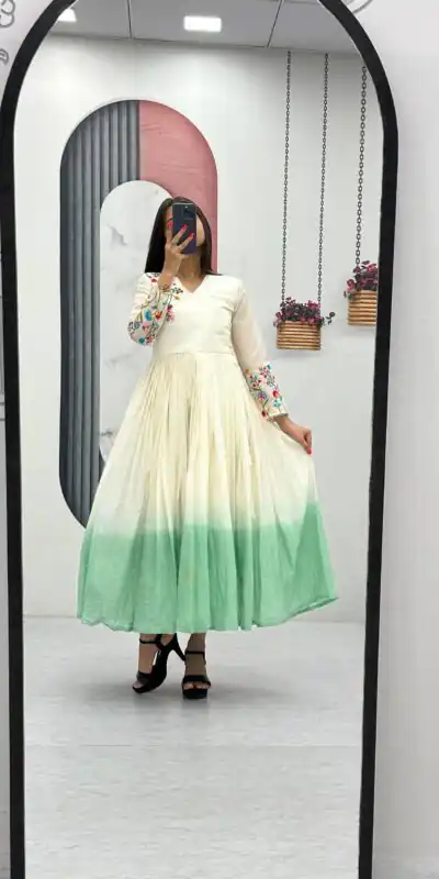 PC 526 Pista Soft Cotton Gown with Embroidery Work. Wedding, Party, Festive, Events, Best Price ₹1749. Delivery 4-6 Working Days. Shop now. | Gowns, Bollywood Gowns, Creative Gowns, Designer Gowns, Embroidered Gowns, Party Wear Gowns