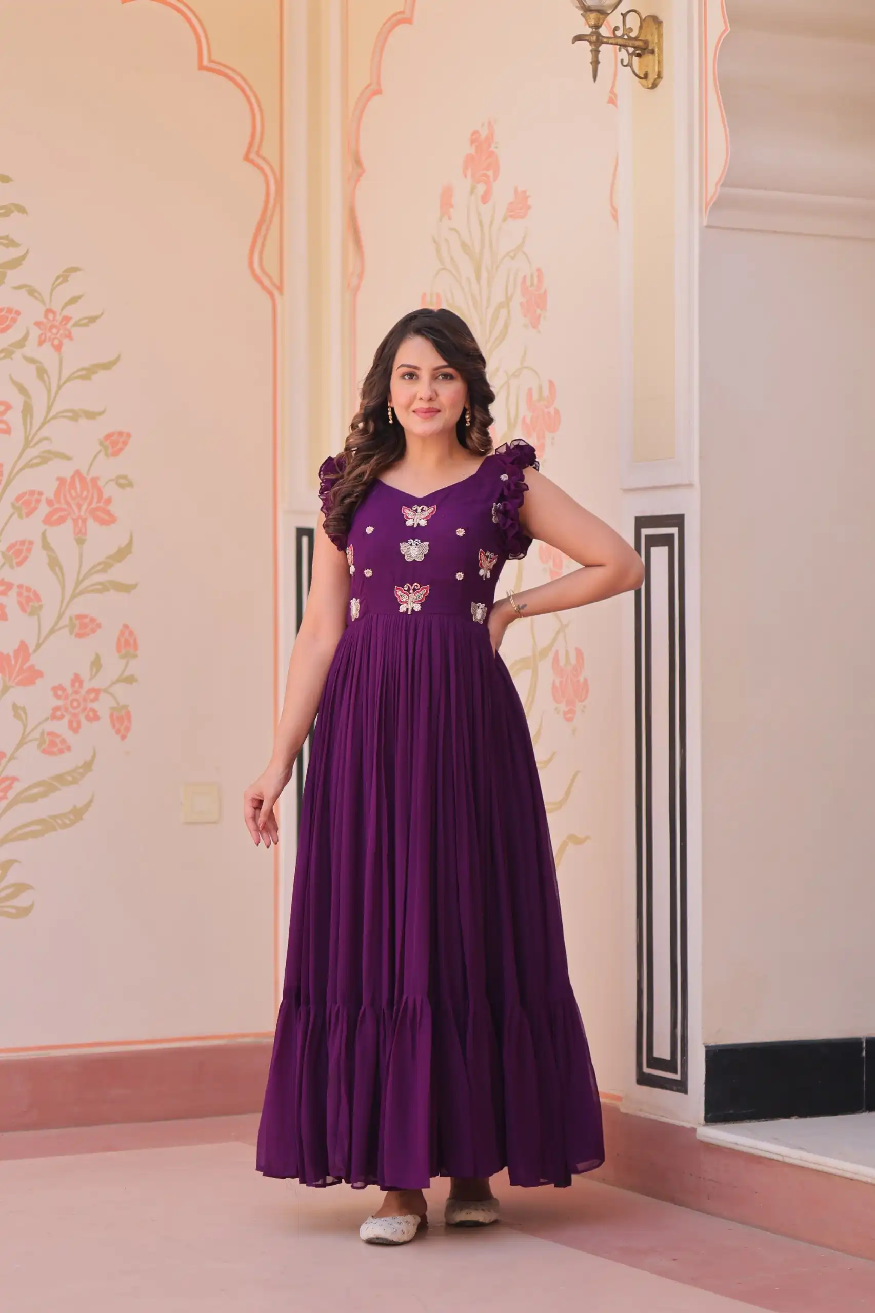 KA 1174 Purple Faux Blooming Gown Perfect for Wedding, Party, Housewarming, Baby Shower, Raksha Bandhan – . Now at just ₹1699. Delivery 4-6 Working Dasy | Gowns, Bollywood Gowns, Creative Gowns, Designer Gowns, Embroidered Gowns, Party Wear Gowns