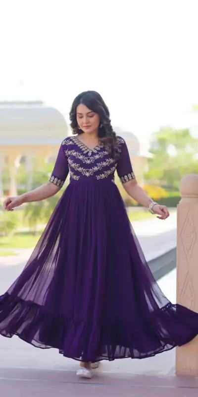 KA 1172 Purple in Faux Blooming Embroidery Work & Sequins Work Gown . Affordable Price ₹1749. Delivery 4-6 Working Days. Shop now. | Gowns, Bollywood Gowns, Creative Gowns, Designer Gowns, Embroidered Gowns, Party Wear Gowns