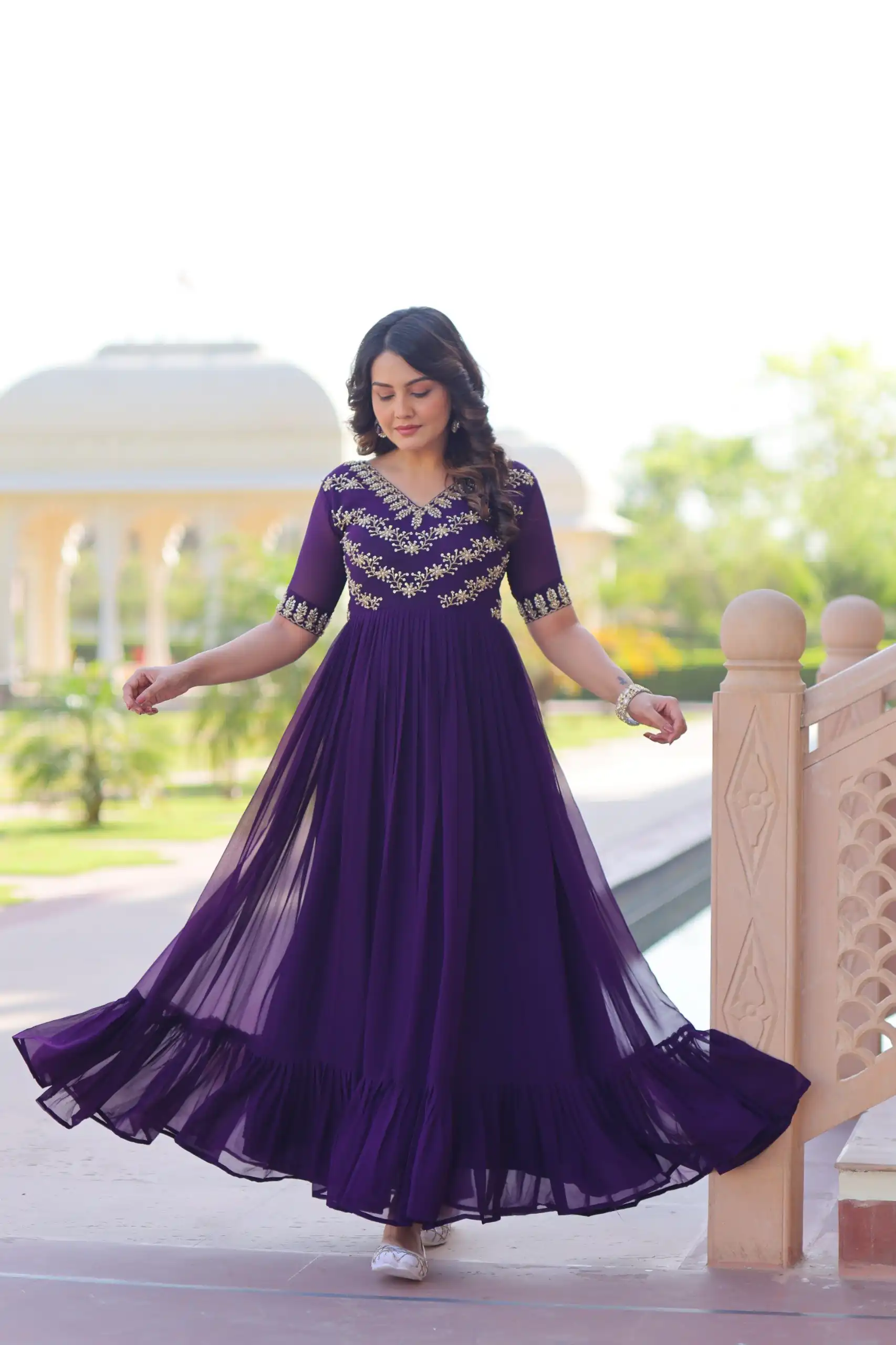 KA 1172 Purple in Faux Blooming Embroidery Work & Sequins Work Gown . Affordable Price ₹1749. Delivery 4-6 Working Days. Shop now. | Gowns, Bollywood Gowns, Creative Gowns, Designer Gowns, Embroidered Gowns, Party Wear Gowns