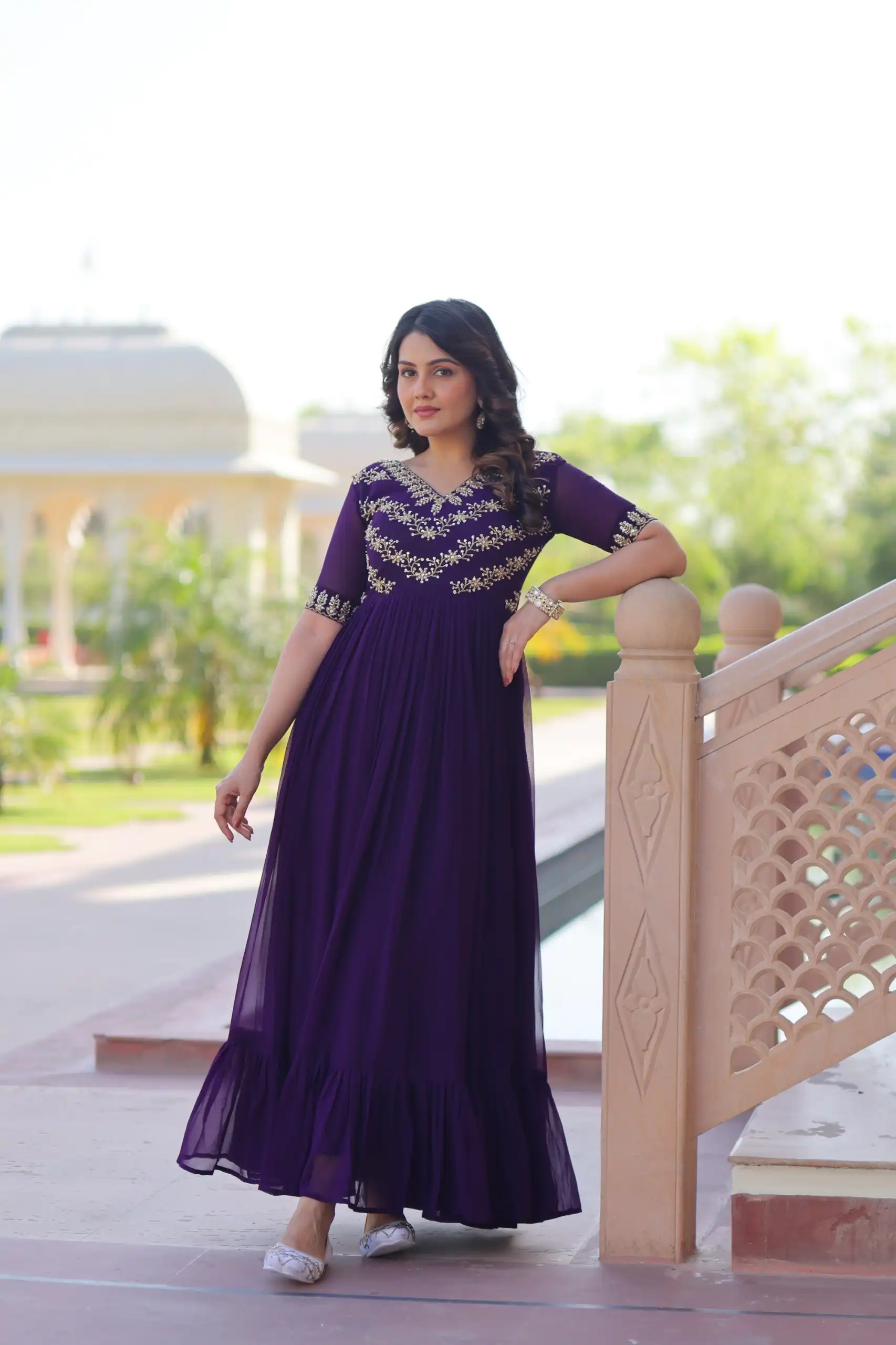 KA 1172 Purple in Faux Blooming Embroidery Work & Sequins Work Gown . Affordable Price ₹1749. Delivery 4-6 Working Days. Shop now. | Gowns, Bollywood Gowns, Creative Gowns, Designer Gowns, Embroidered Gowns, Party Wear Gowns