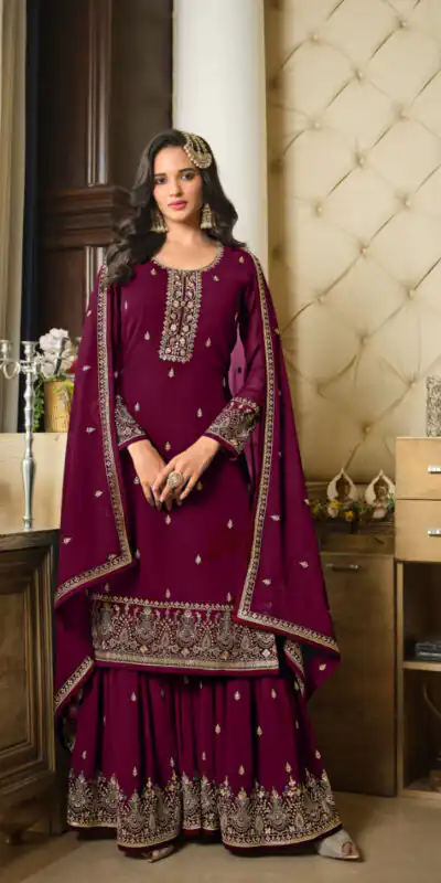 DS LT 8301 Purple color Georgette Embroidery Sequence Work Sharara Suit Wedding, Festive, Events Etc. Expected Delivery 4-6 Working Days @2149/- | Jump Suits, Salwar suit, Casual Suits, Creative suits, Designer Suits, Palazzo Suits, Party Wear Suits, Patiala Suits, Straight Suits