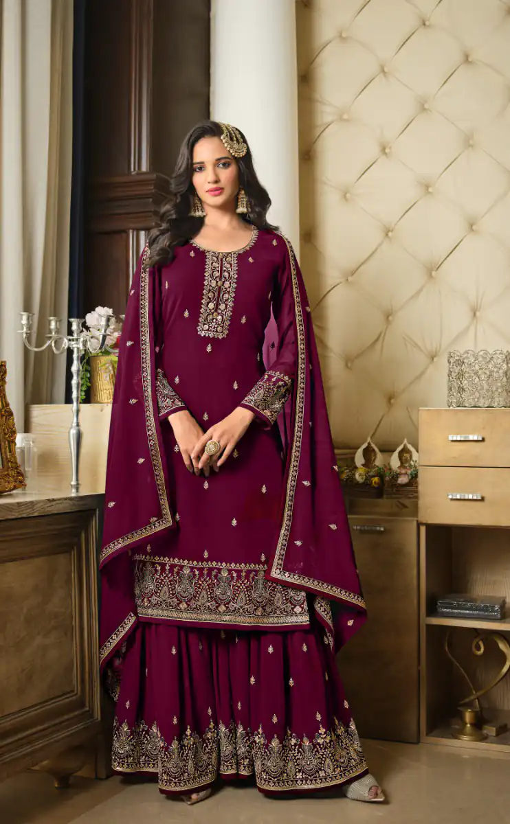 DS LT 8301 Purple color Georgette Embroidery Sequence Work Sharara Suit Wedding, Festive, Events Etc. Expected Delivery 4-6 Working Days @2149/- | Jump Suits, Salwar suit, Casual Suits, Creative suits, Designer Suits, Palazzo Suits, Party Wear Suits, Patiala Suits, Straight Suits