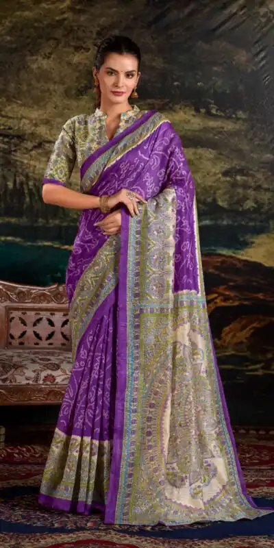 YNF 7209 purple Color Green Silk Fusion Print Madhubani Bandhej Saree Casual, Wedding, Festive, Events . Expected Delivery 4-6 Working Days @1499/- only | Sarees, Bollywood Sarees, Creative Sarees, Designer Sarees, Embroidered Sarees, Ethnic Saree, Modern Digital sarees, Party Wear Sarees