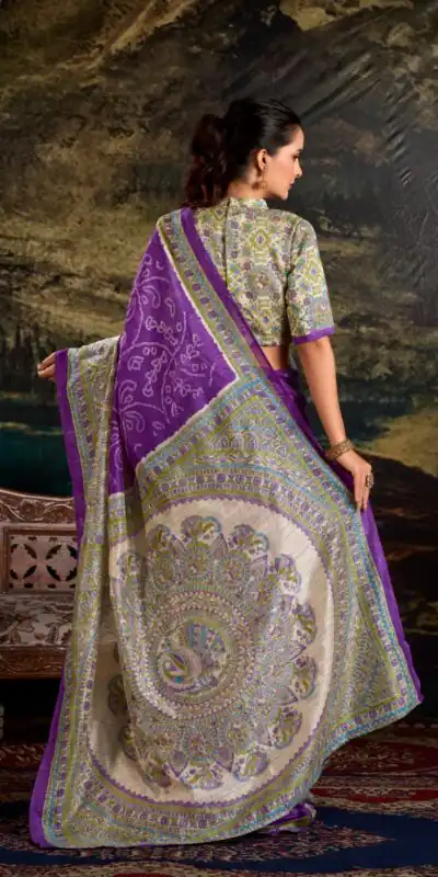 YNF 7209 purple Color Green Silk Fusion Print Madhubani Bandhej Saree Casual, Wedding, Festive, Events . Expected Delivery 4-6 Working Days @1499/- only | Sarees, Bollywood Sarees, Creative Sarees, Designer Sarees, Embroidered Sarees, Ethnic Saree, Modern Digital sarees, Party Wear Sarees
