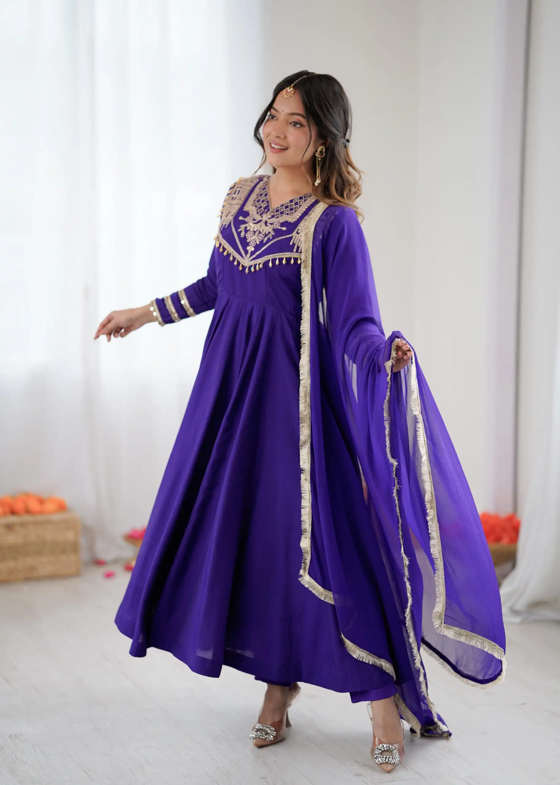 ZSR 3149 Purple Roman silk Gown Perfect for Wedding, Party, Sangeet, Haldi, Lohri – . Introductory Price ₹2099. Delivery 4-6 Working Days. Shop now. | Gowns, Bollywood Gowns, Creative Gowns, Designer Gowns, Embroidered Gowns, Party Wear Gowns