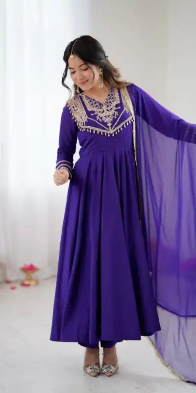 ZSR 3149 Purple Roman silk Gown Perfect for Wedding, Party, Sangeet, Haldi, Lohri – . Introductory Price ₹2099. Delivery 4-6 Working Days. Shop now. | Gowns, Bollywood Gowns, Creative Gowns, Designer Gowns, Embroidered Gowns, Party Wear Gowns