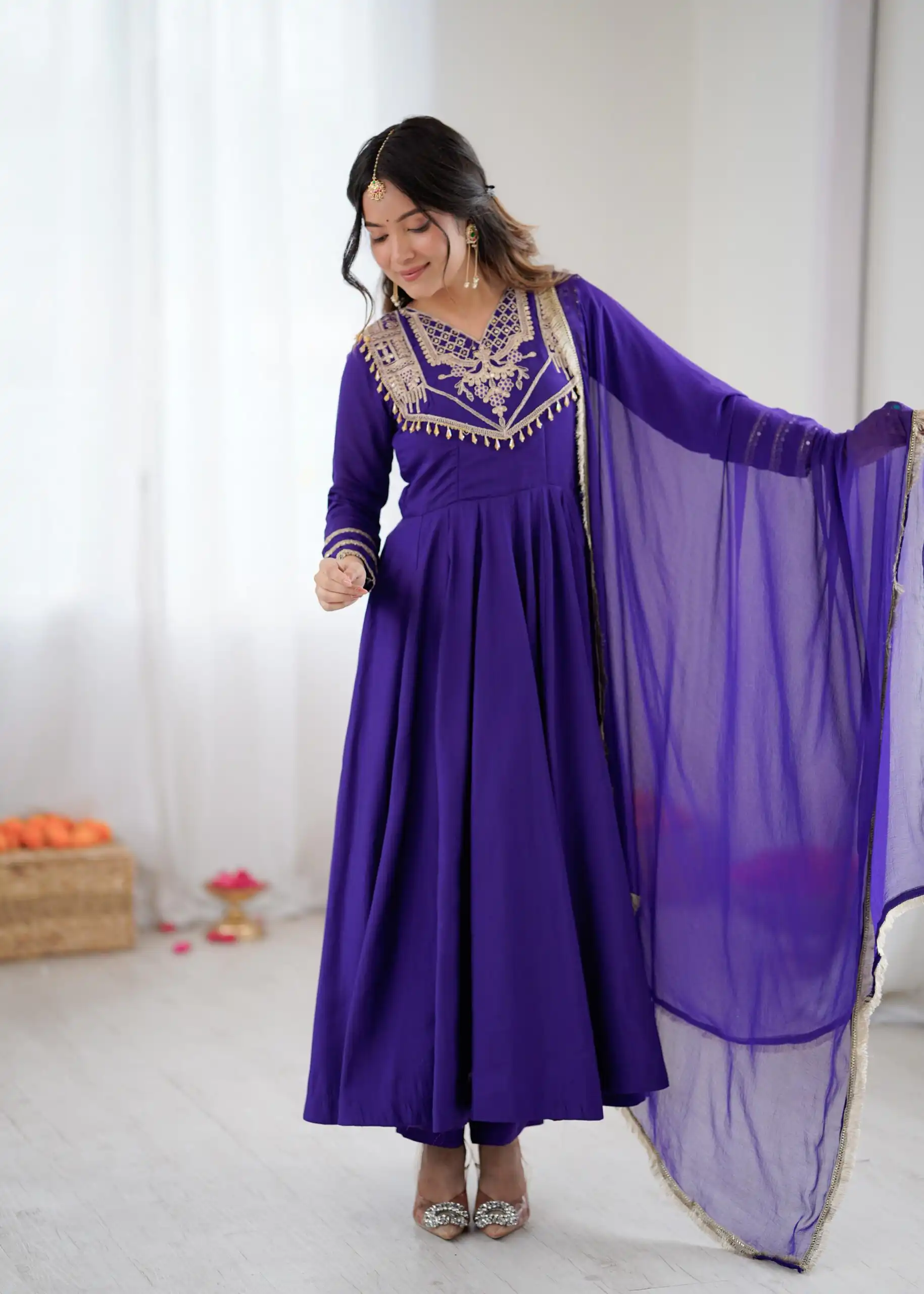 ZSR 3149 Purple Roman silk Gown Perfect for Wedding, Party, Sangeet, Haldi, Lohri – . Introductory Price ₹2099. Delivery 4-6 Working Days. Shop now. | Gowns, Bollywood Gowns, Creative Gowns, Designer Gowns, Embroidered Gowns, Party Wear Gowns