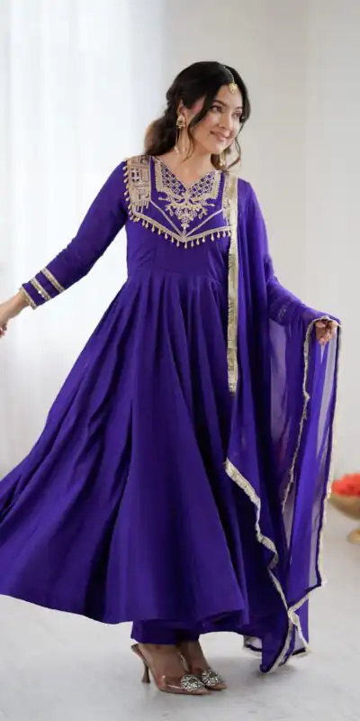 ZSR 3149 Purple Roman silk Gown Perfect for Wedding, Party, Sangeet, Haldi, Lohri – . Introductory Price ₹2099. Delivery 4-6 Working Days. Shop now. | Gowns, Bollywood Gowns, Creative Gowns, Designer Gowns, Embroidered Gowns, Party Wear Gowns