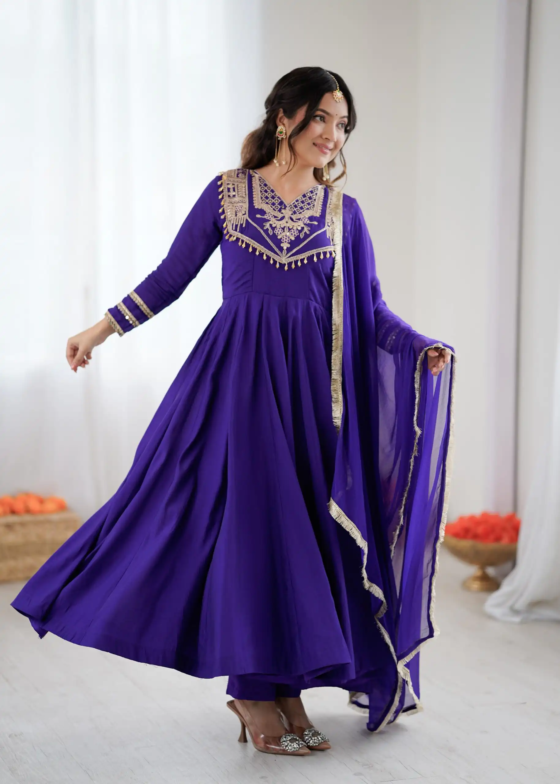 ZSR 3149 Purple Roman silk Gown Perfect for Wedding, Party, Sangeet, Haldi, Lohri – . Introductory Price ₹2099. Delivery 4-6 Working Days. Shop now. | Gowns, Bollywood Gowns, Creative Gowns, Designer Gowns, Embroidered Gowns, Party Wear Gowns