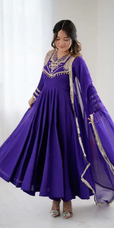 ZSR 3149 Purple Roman silk Gown Perfect for Wedding, Party, Sangeet, Haldi, Lohri – . Introductory Price ₹2099. Delivery 4-6 Working Days. Shop now. | Gowns, Bollywood Gowns, Creative Gowns, Designer Gowns, Embroidered Gowns, Party Wear Gowns