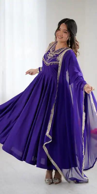 ZSR 3149 Purple Roman silk Gown Perfect for Wedding, Party, Sangeet, Haldi, Lohri – . Introductory Price ₹2099. Delivery 4-6 Working Days. Shop now. | Gowns, Bollywood Gowns, Creative Gowns, Designer Gowns, Embroidered Gowns, Party Wear Gowns