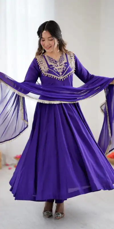 ZSR 3149 Purple Roman silk Gown Perfect for Wedding, Party, Sangeet, Haldi, Lohri – . Introductory Price ₹2099. Delivery 4-6 Working Days. Shop now. | Gowns, Bollywood Gowns, Creative Gowns, Designer Gowns, Embroidered Gowns, Party Wear Gowns