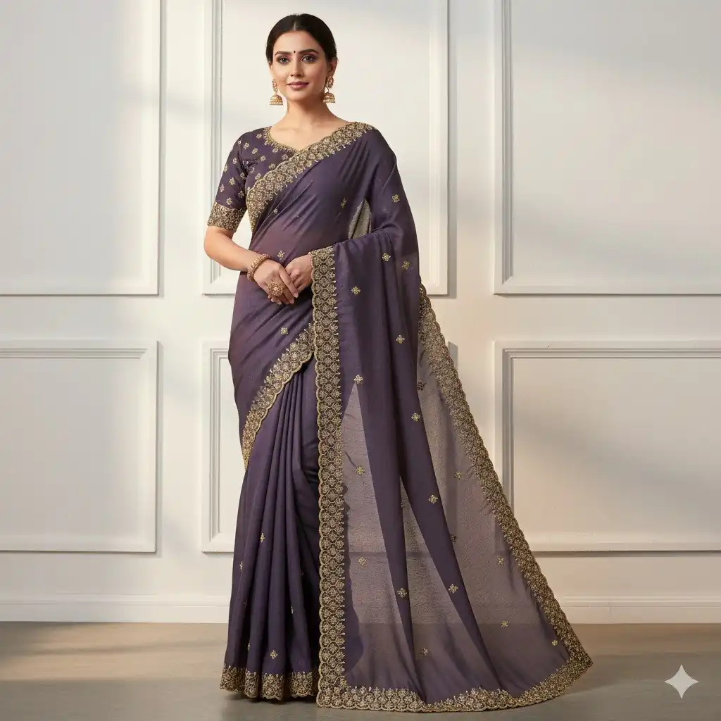 JR 659 Purple in Color Star Georgette Embroidery Work Saree . Available at ₹1799 only. Delivery 4-6 Working Days. Shop now. | Sarees, Bollywood Sarees, Creative Sarees, Designer Sarees, Embroidered Sarees, Ethnic Saree, Modern Digital sarees, Party Wear Sarees