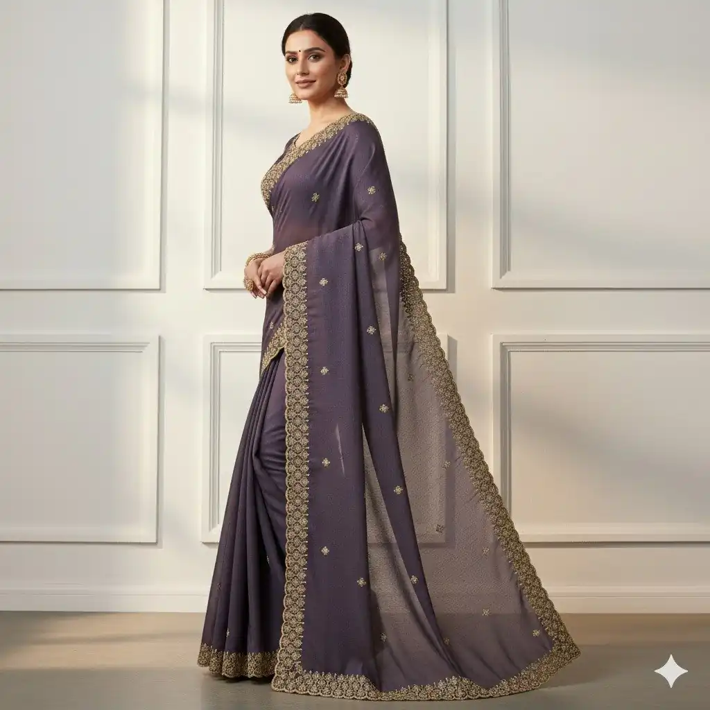 JR 659 Purple in Color Star Georgette Embroidery Work Saree . Available at ₹1799 only. Delivery 4-6 Working Days. Shop now. | Sarees, Bollywood Sarees, Creative Sarees, Designer Sarees, Embroidered Sarees, Ethnic Saree, Modern Digital sarees, Party Wear Sarees