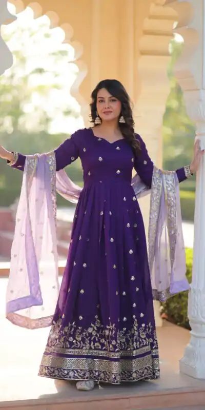 KA 1206 Purple in Star GeorgetteFandy Zari Work & Embroidery Work Gown . Introductory Price ₹2549. Delivery 4-6 Working Days. Shop now. | Gowns, Bollywood Gowns, Creative Gowns, Designer Gowns, Embroidered Gowns, Party Wear Gowns