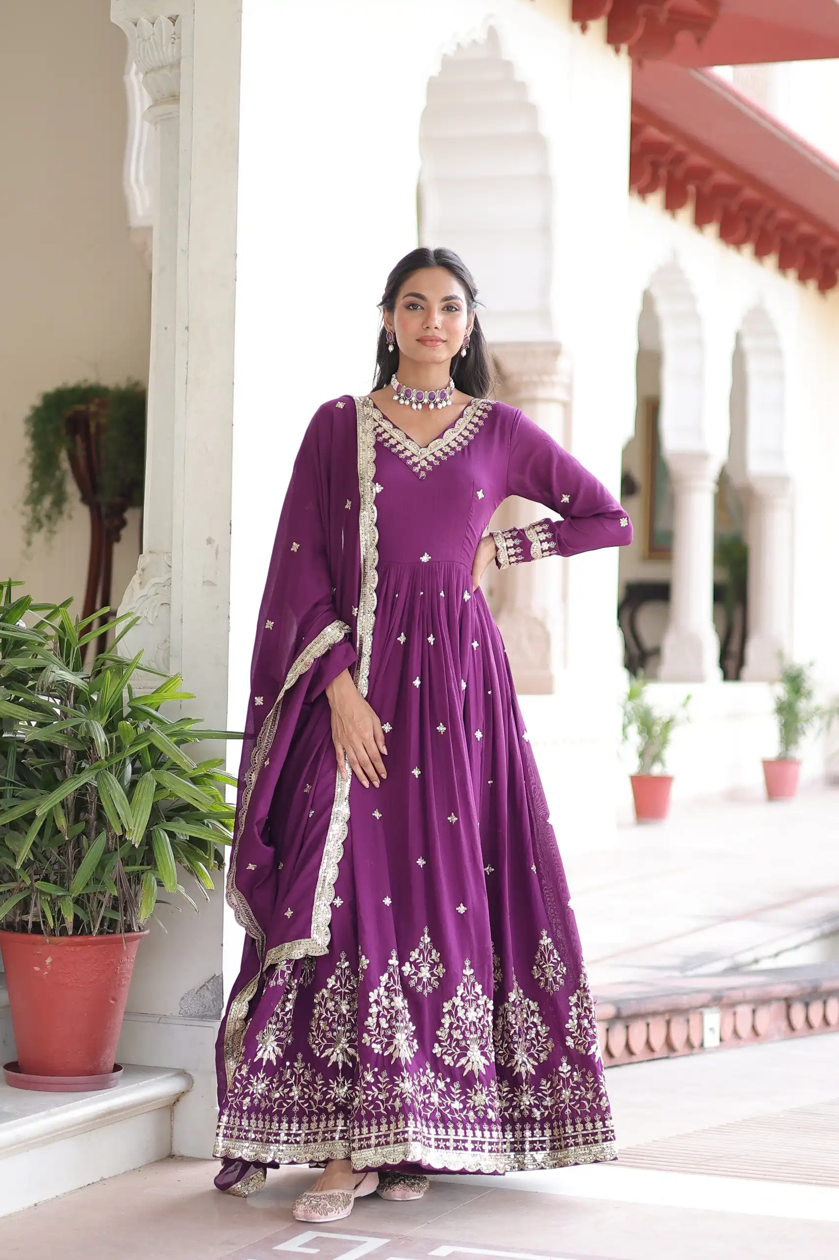 KA 1214 Purple Vichitra Silk Gown Perfect for Wedding, Party, Lohri, Onam, Festival Celebrations – . Grab it for ₹2449. Delivery 4-6 Working Days. | Gowns, Bollywood Gowns, Creative Gowns, Designer Gowns, Embroidered Gowns, Party Wear Gowns