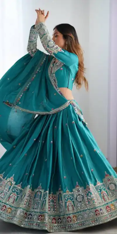 MF TAJ 1003 Rama in Color Chinon Silk Embroidery Work Lehenga Choli . Get it for ₹1949. Delivery 4-6 Working Days. Shop now. | Lehenga, Bollywood Lehenga, Creative Lehenga, Designer Lehenga, Embroidered Lehenga, Party Wear Lehenga