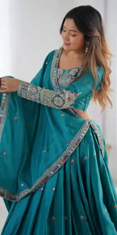 MF TAJ 1003 Rama in Color Chinon Silk Embroidery Work Lehenga Choli . Get it for βΉ1949. Delivery 4-6 Working Days. Shop now. | Lehenga, Bollywood Lehenga, Creative Lehenga, Designer Lehenga, Embroidered Lehenga, Party Wear Lehenga