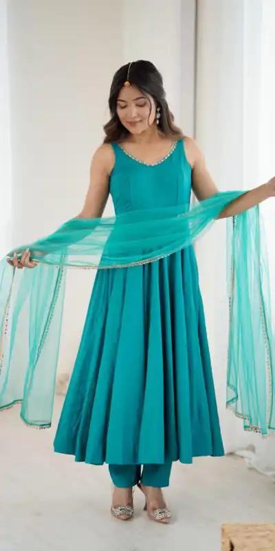 KB 285 Rama Color in Roman Silk Chanderi Mirror Work & Lace Work Gown . Best Price ₹1929. Delivery 4-6 Working Days. Shop now. | Gowns, Bollywood Gowns, Creative Gowns, Designer Gowns, Embroidered Gowns, Party Wear Gowns