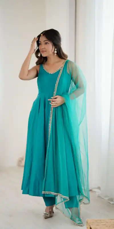 KB 285 Rama Color in Roman Silk Chanderi Mirror Work & Lace Work Gown . Best Price ₹1929. Delivery 4-6 Working Days. Shop now. | Gowns, Bollywood Gowns, Creative Gowns, Designer Gowns, Embroidered Gowns, Party Wear Gowns