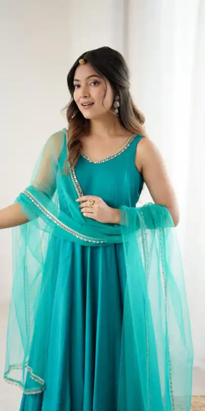 KB 285 Rama Color in Roman Silk Chanderi Mirror Work & Lace Work Gown . Best Price ₹1929. Delivery 4-6 Working Days. Shop now. | Gowns, Bollywood Gowns, Creative Gowns, Designer Gowns, Embroidered Gowns, Party Wear Gowns