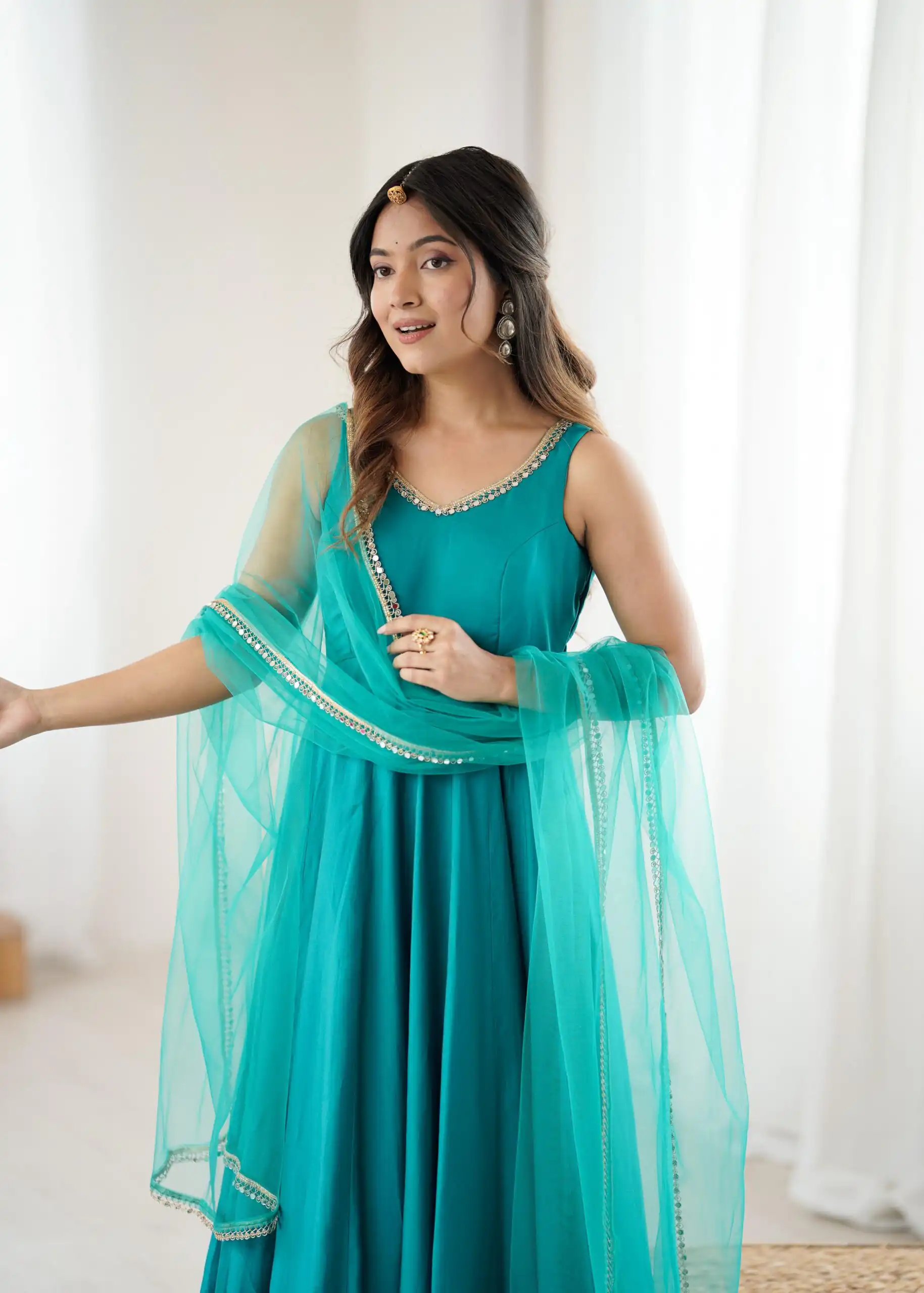 KB 285 Rama Color in Roman Silk Chanderi Mirror Work & Lace Work Gown . Best Price ₹1929. Delivery 4-6 Working Days. Shop now. | Gowns, Bollywood Gowns, Creative Gowns, Designer Gowns, Embroidered Gowns, Party Wear Gowns