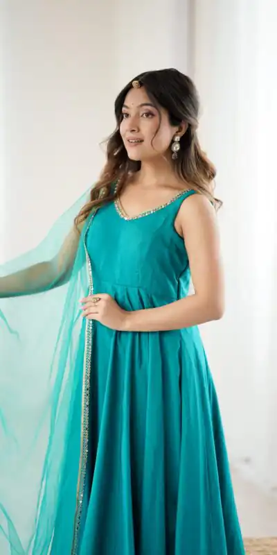 KB 285 Rama Color in Roman Silk Chanderi Mirror Work & Lace Work Gown . Best Price ₹1929. Delivery 4-6 Working Days. Shop now. | Gowns, Bollywood Gowns, Creative Gowns, Designer Gowns, Embroidered Gowns, Party Wear Gowns