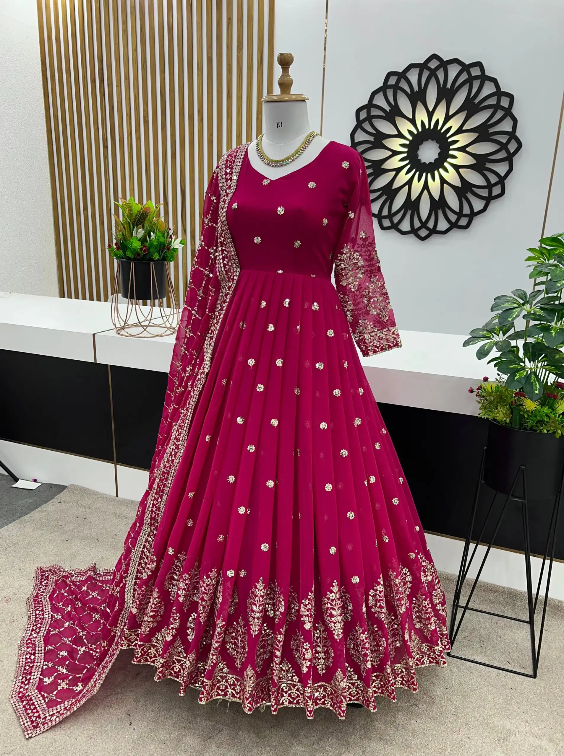 ZF 359 Rani Pink Color Georgette Embroidery Sequence Work Gown Casual, Wedding, Party, Festive, Events Etc. Expected Delivery 4-6 Working Days @1999/- | Gowns, Bollywood Gowns, Creative Gowns, Designer Gowns, Embroidered Gowns, Party Wear Gowns
